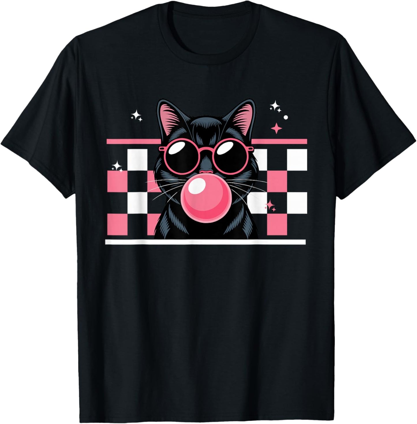 Cool Cat Blowing Pink Bubble Gum with Sunglasses T-Shirt - T-Shirt | Black