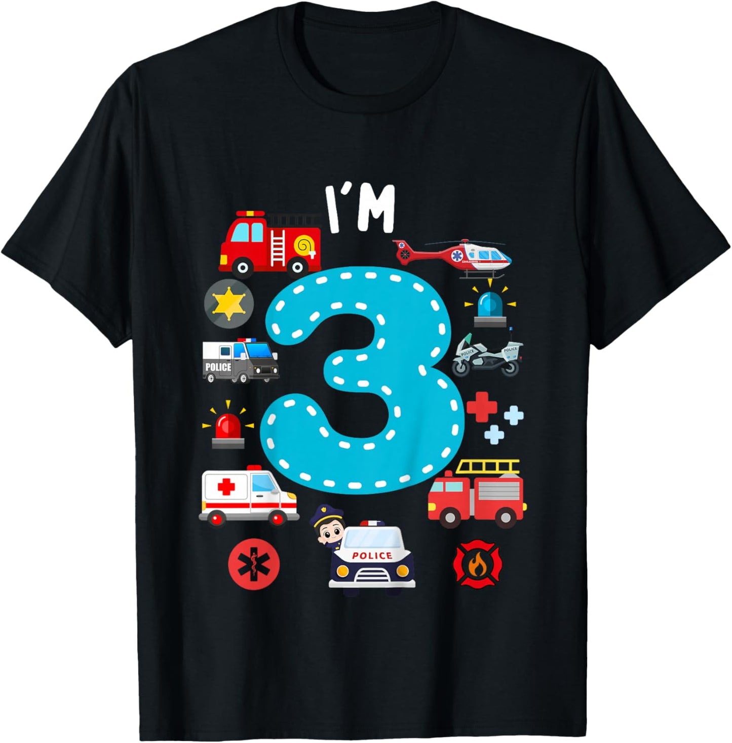 Kids 3rd Birthday Emergency Vehicles Boys 3Years Old Toddler Kids T-Shirt - T-Shirt | Black