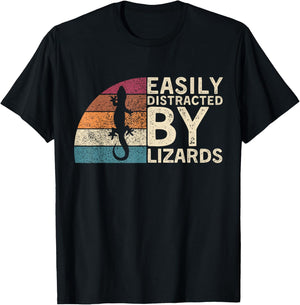 Retro Vintage Easily Distracted By Lizards Reptile Funny T-Shirt - T-Shirt | Black
