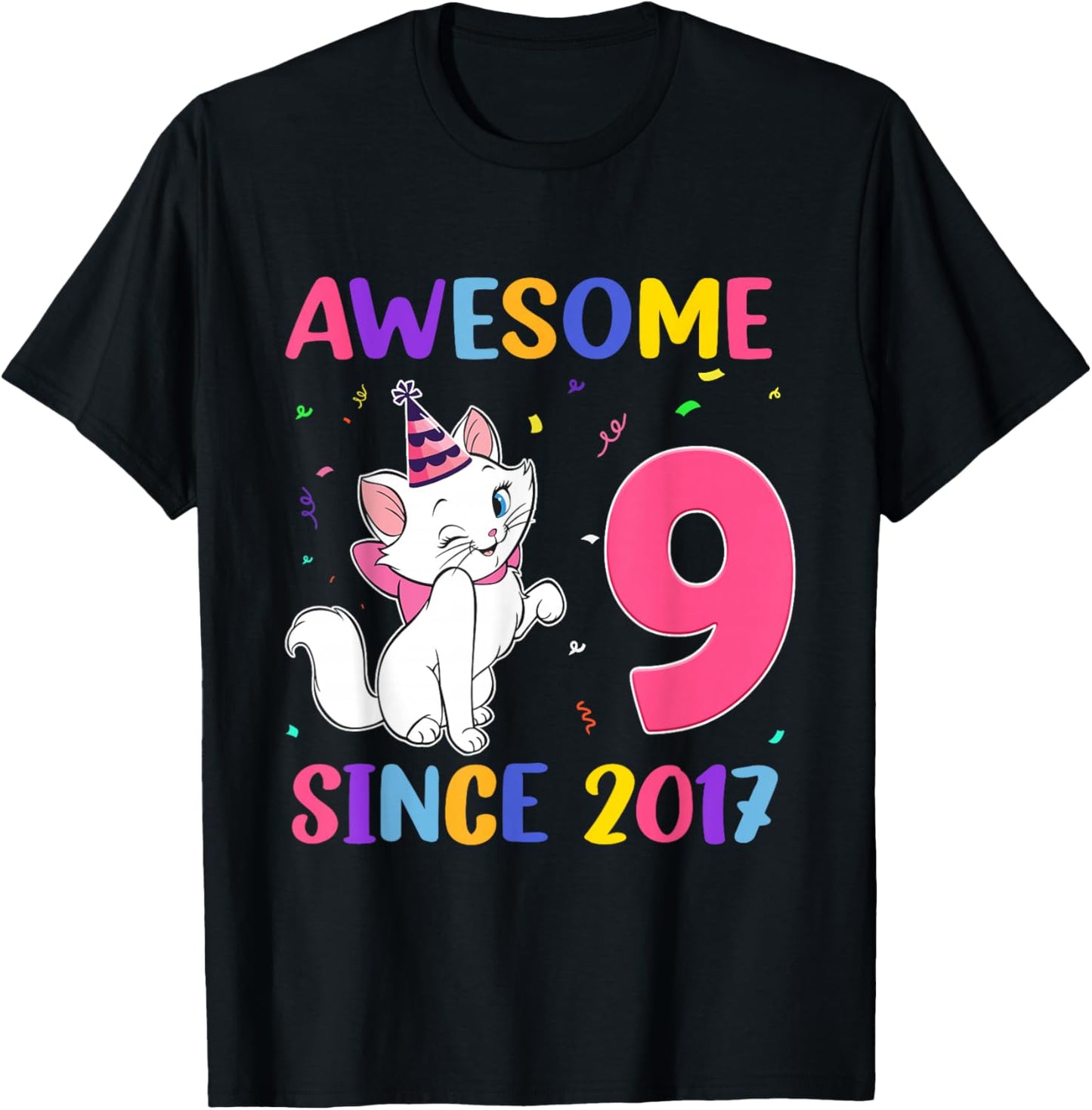 9 Years Old 9th Birthday Girls Cute Cat Awesome Since 2017 T-Shirt - T-Shirt | Black