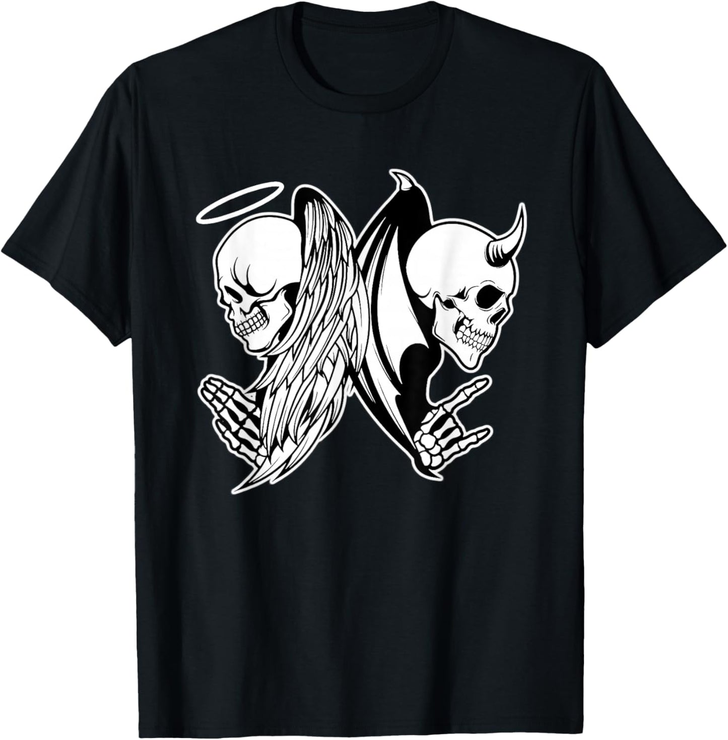 Angel x Skull x Devil Demon Blackwork T-Shirt - T-Shirt | Black