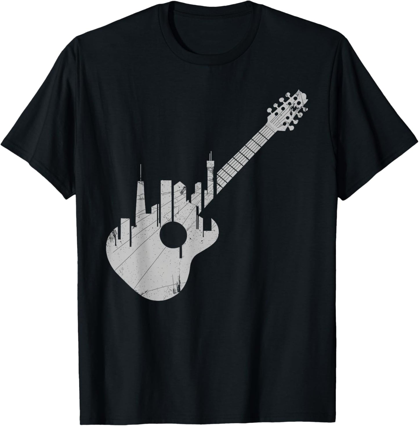 Grunge Guitar with City Skyline Band Guitar Musician T-Shirt - T-Shirt | Black
