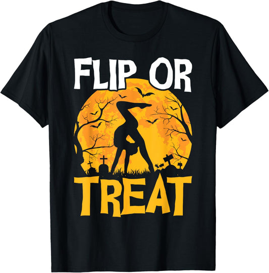 Gymnastics Halloween Flip or Treat Halloween Gymnastics T-Shirt - T-Shirt | Black