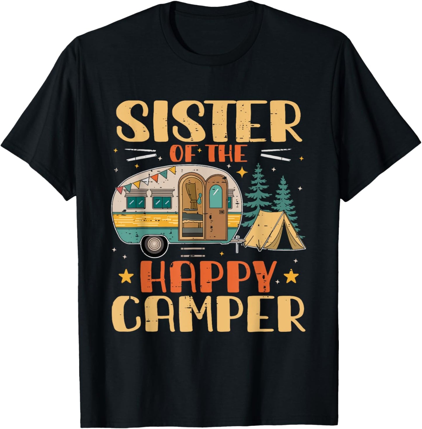 Sister of Happy Camper 1st Birthday Party Retro Sister T-Shirt - T-Shirt | Black