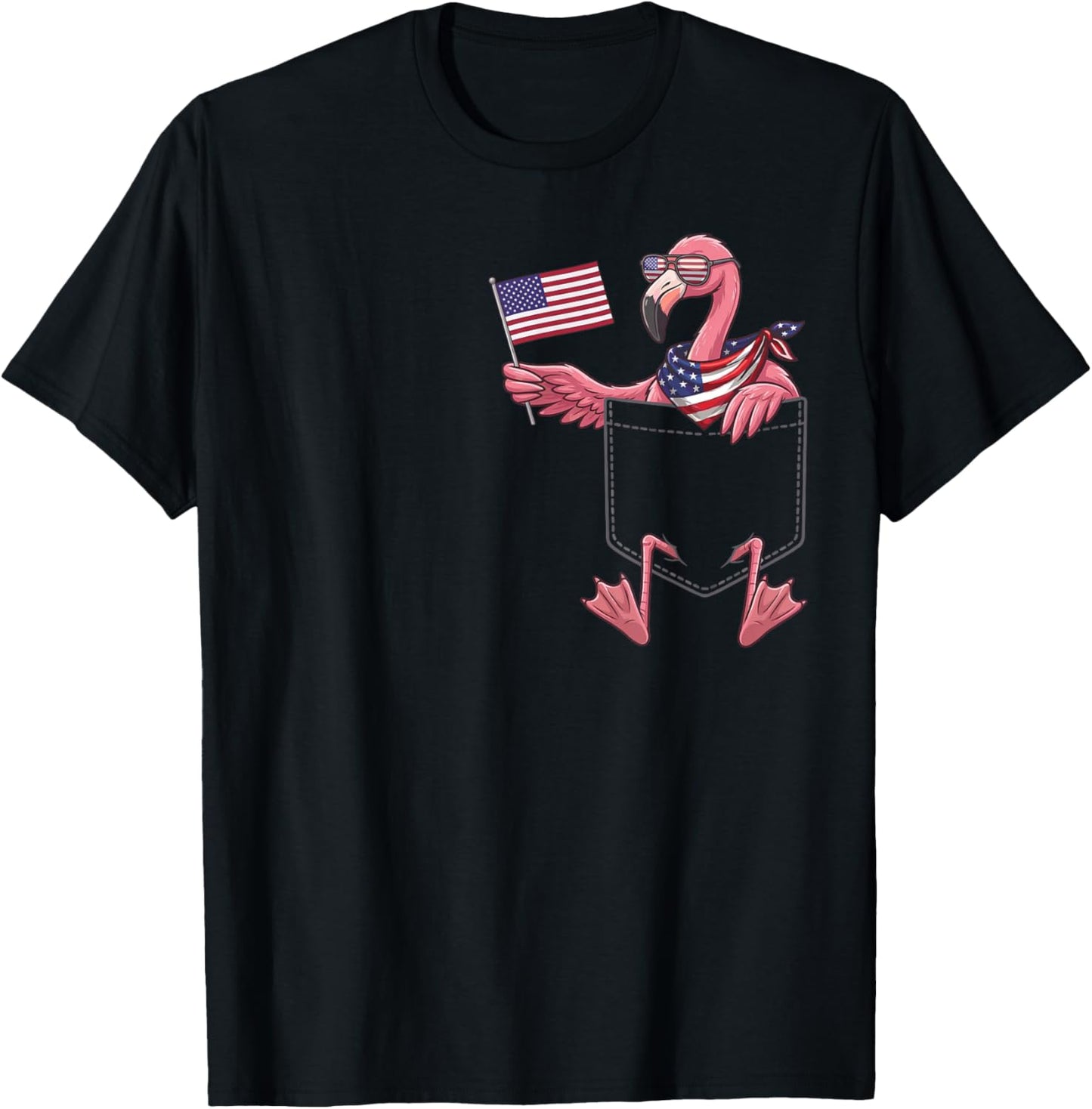 Flamingo Pocket Patriotic American Flag 4th of July USA T-Shirt - T-Shirt | Black