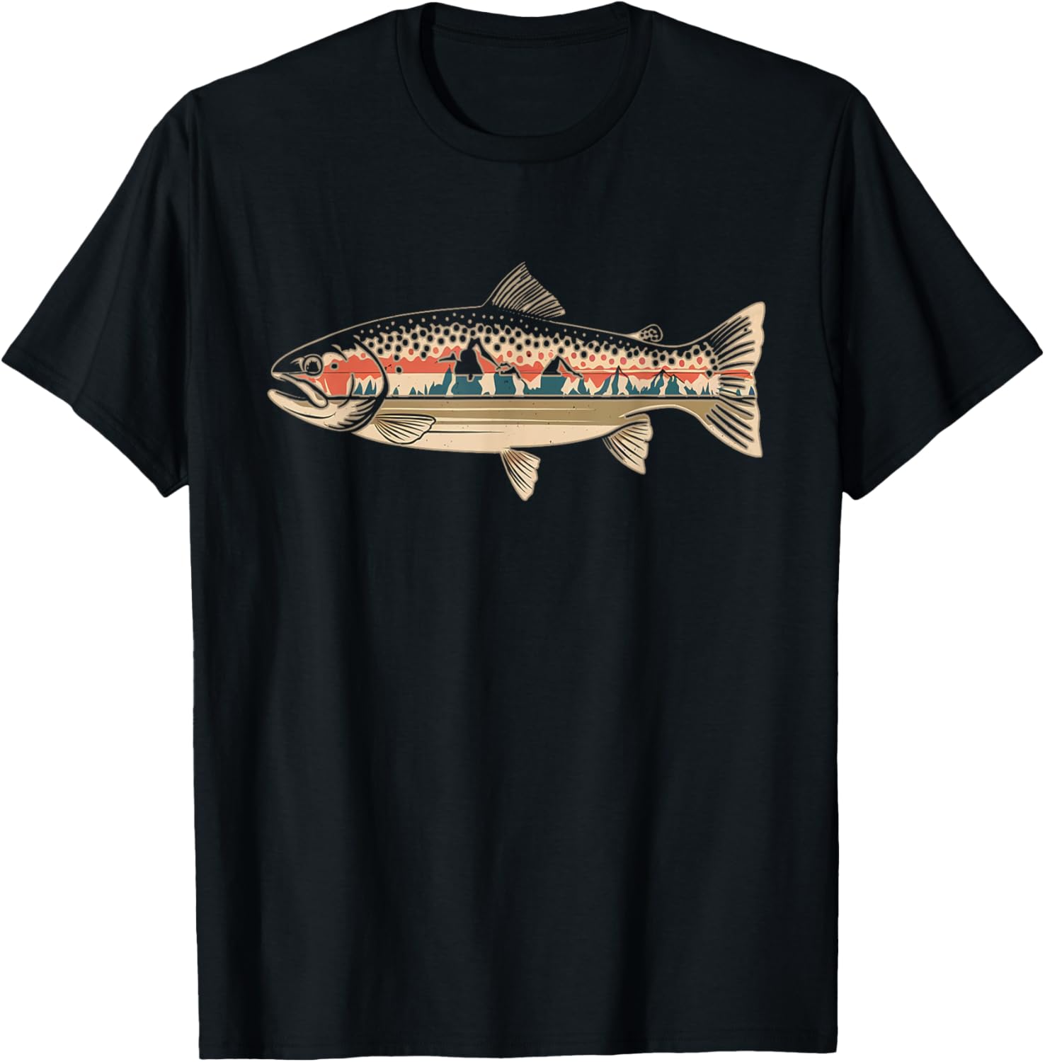 Retro Fish Trout Peach Nature , Black, S T-Shirt - T-Shirt | Black