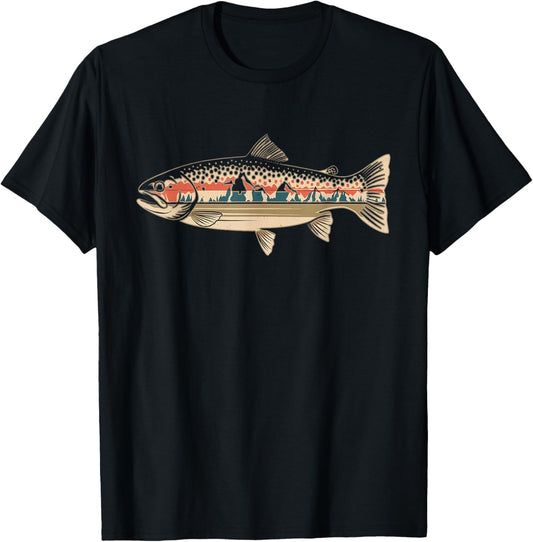 Retro Fish Trout Peach Nature , Black, S T-Shirt - T-Shirt | Black
