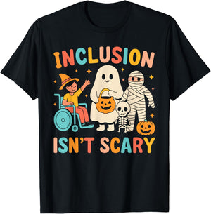 Inclusion Isn't Scary Teacher Skeleton Ghost Cute Halloween T-Shirt - T-Shirt | Black