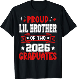 Proud Lil Brother of Two 2026 Graduates Twins Graduation T-Shirt - T-Shirt | Black