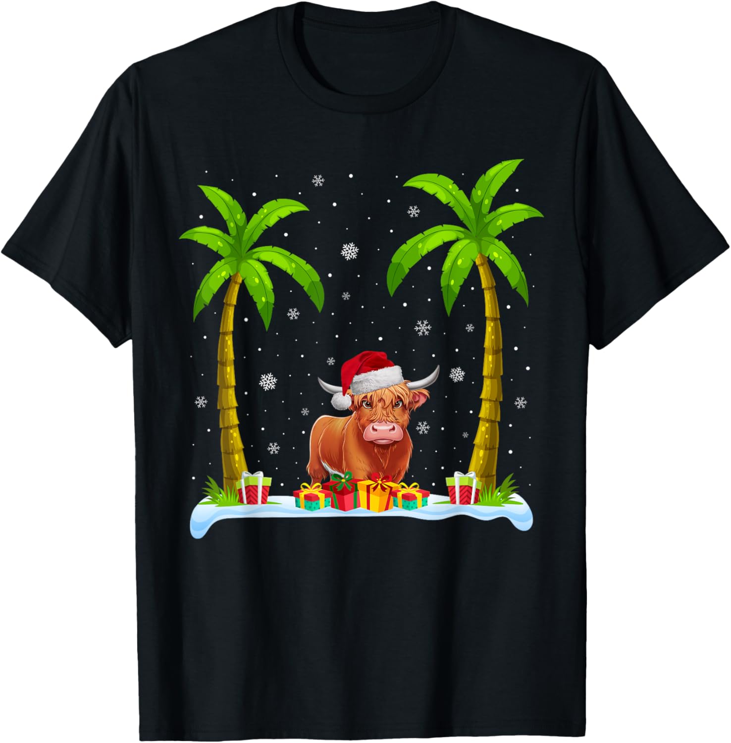 Highland Cow Santa Hat Palm Tree Beach Xmas Pajama T-Shirt - T-Shirt | Black