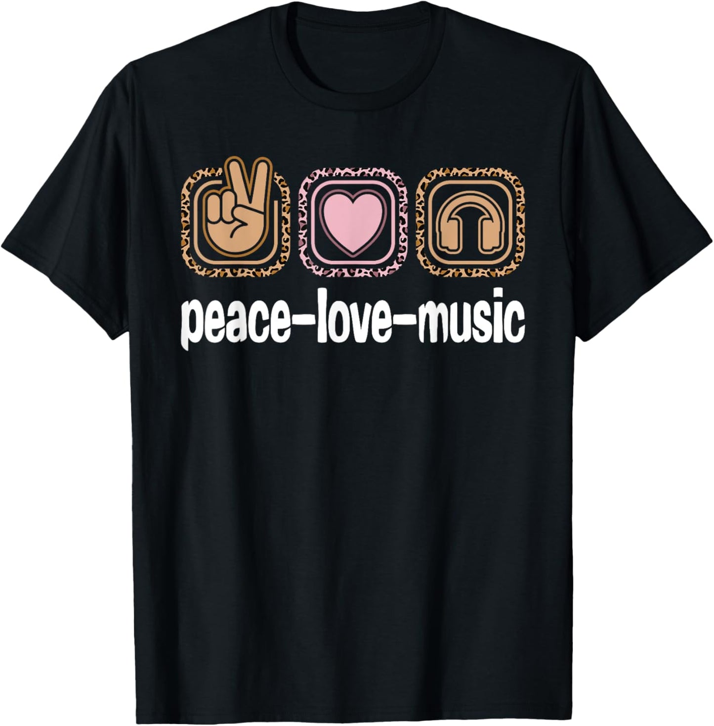 Music Lovers Leopard Print Women Girls Kids Peace Love Music T-Shirt - T-Shirt | Black