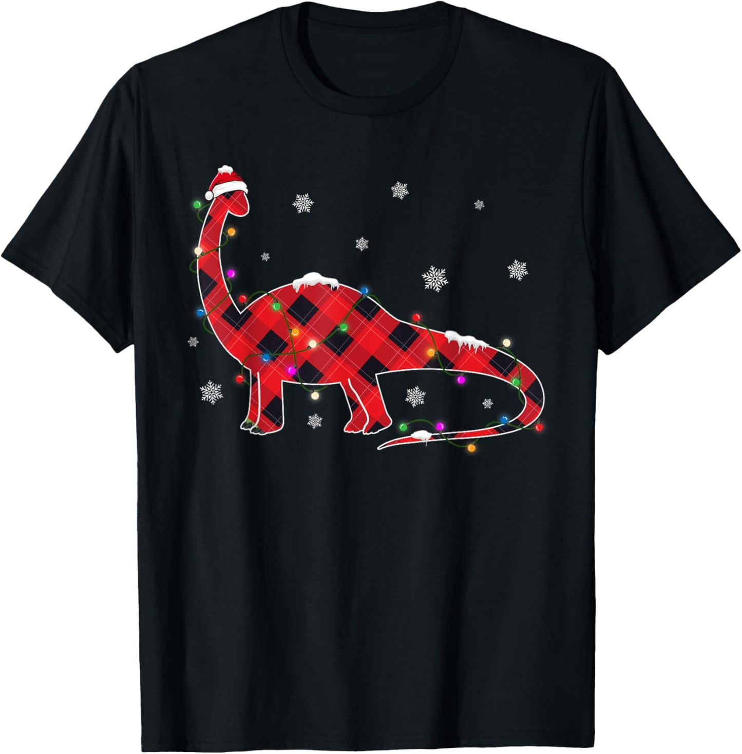 Red Buffalo Plaid T-rex Dinosaur Christmas Tree Lights T-Shirt - T-Shirt | Black