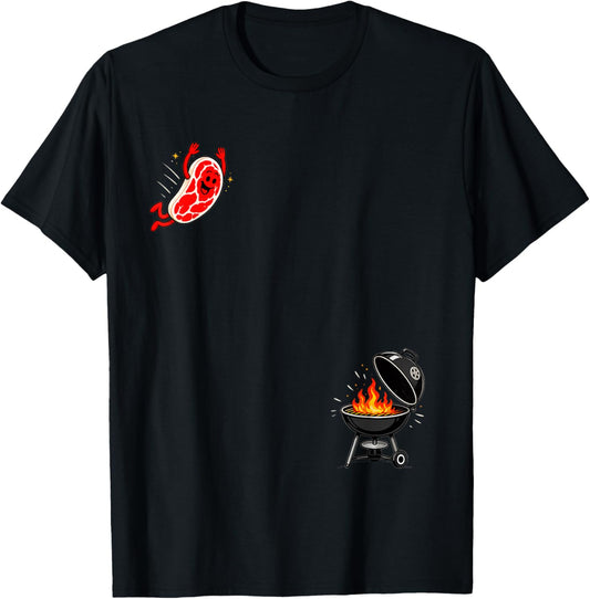 Steak Dive Funny Flying Steak BBQ Grilling Cartoon Humor Art T-Shirt - T-Shirt | Black