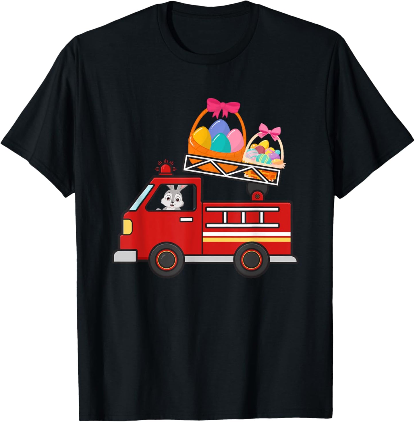 Bunny Riding Firetruck Easter Day Firefighter Happy Easter T-Shirt - T-Shirt | Black