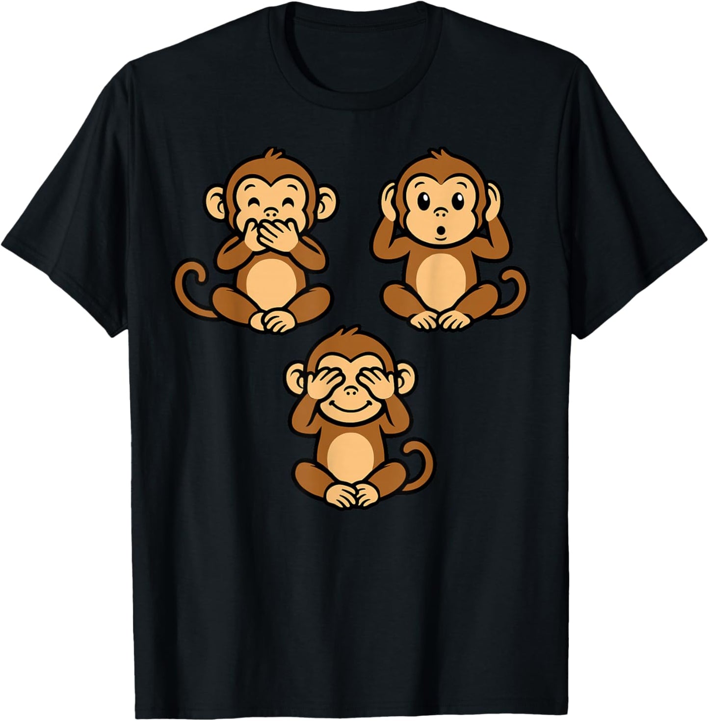 Three Wise Monkeys | Cute Chibi - Speak Hear See No Evil T-Shirt - T-Shirt | Black