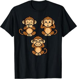 Three Wise Monkeys | Cute Chibi - Speak Hear See No Evil T-Shirt - T-Shirt | Black