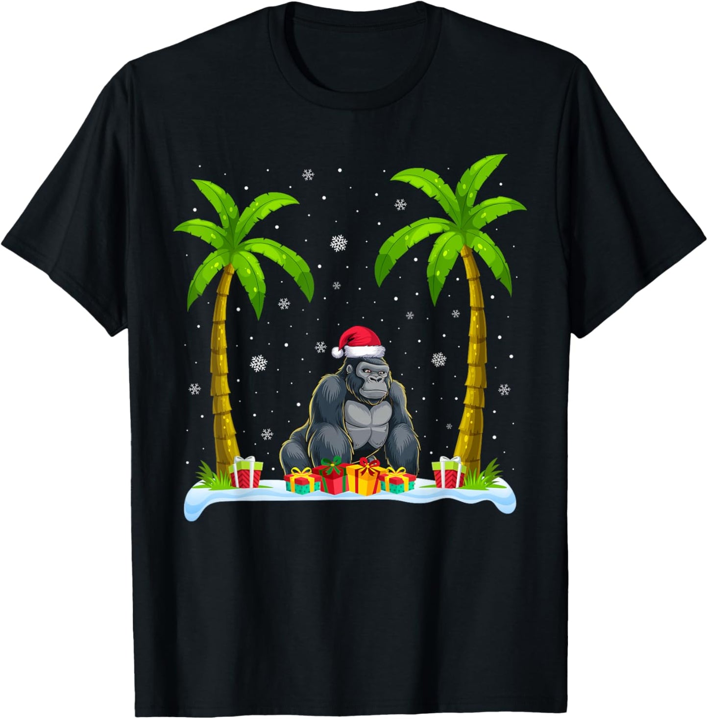 Gorilla Santa Hat Palm Tree Beach Xmas Pajama T-Shirt - T-Shirt | Black