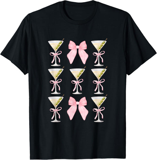 Coquette Pink Bow Martini Time Drinking Vintage Cocktails T-Shirt - T-Shirt | Black