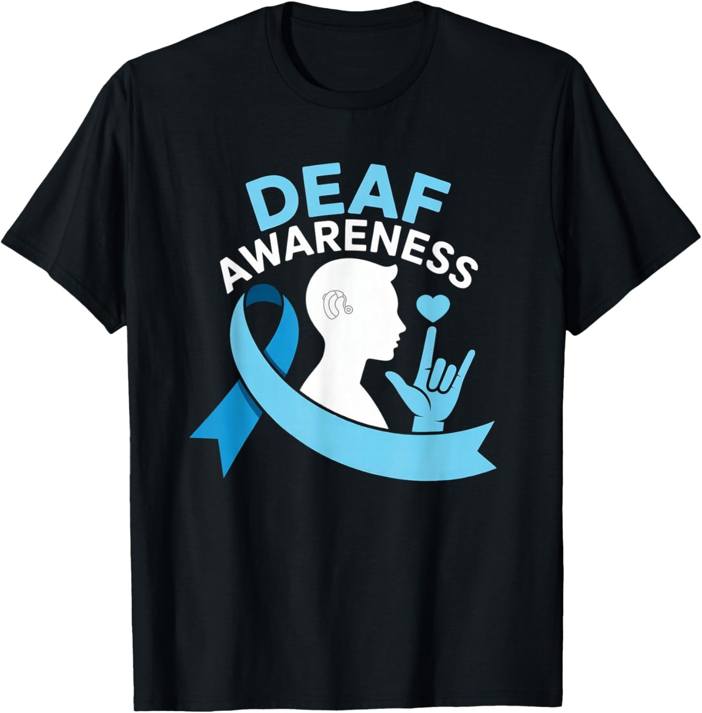 Deaf Awareness Month Blue Ribbon ASL Cochlear Implant ILY T-Shirt - T-Shirt | Black