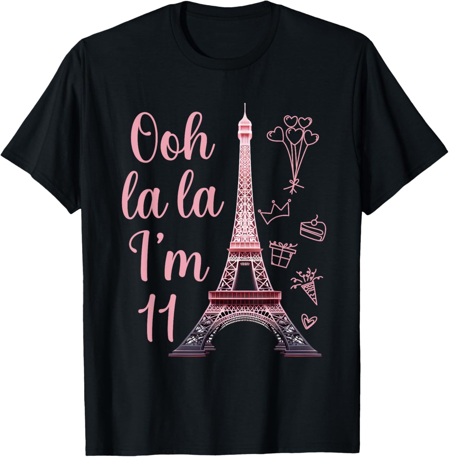 Paris 11th Birthday Eiffel Tower 11 Years Old Cute Girl T-Shirt - T-Shirt | Black