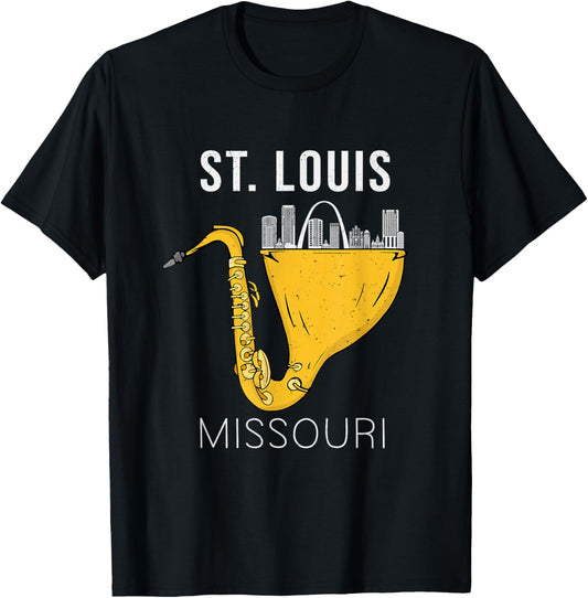 St Louis Skyline Souvenir Saxophone Jazz Music St Louis T-Shirt - T-Shirt | Black