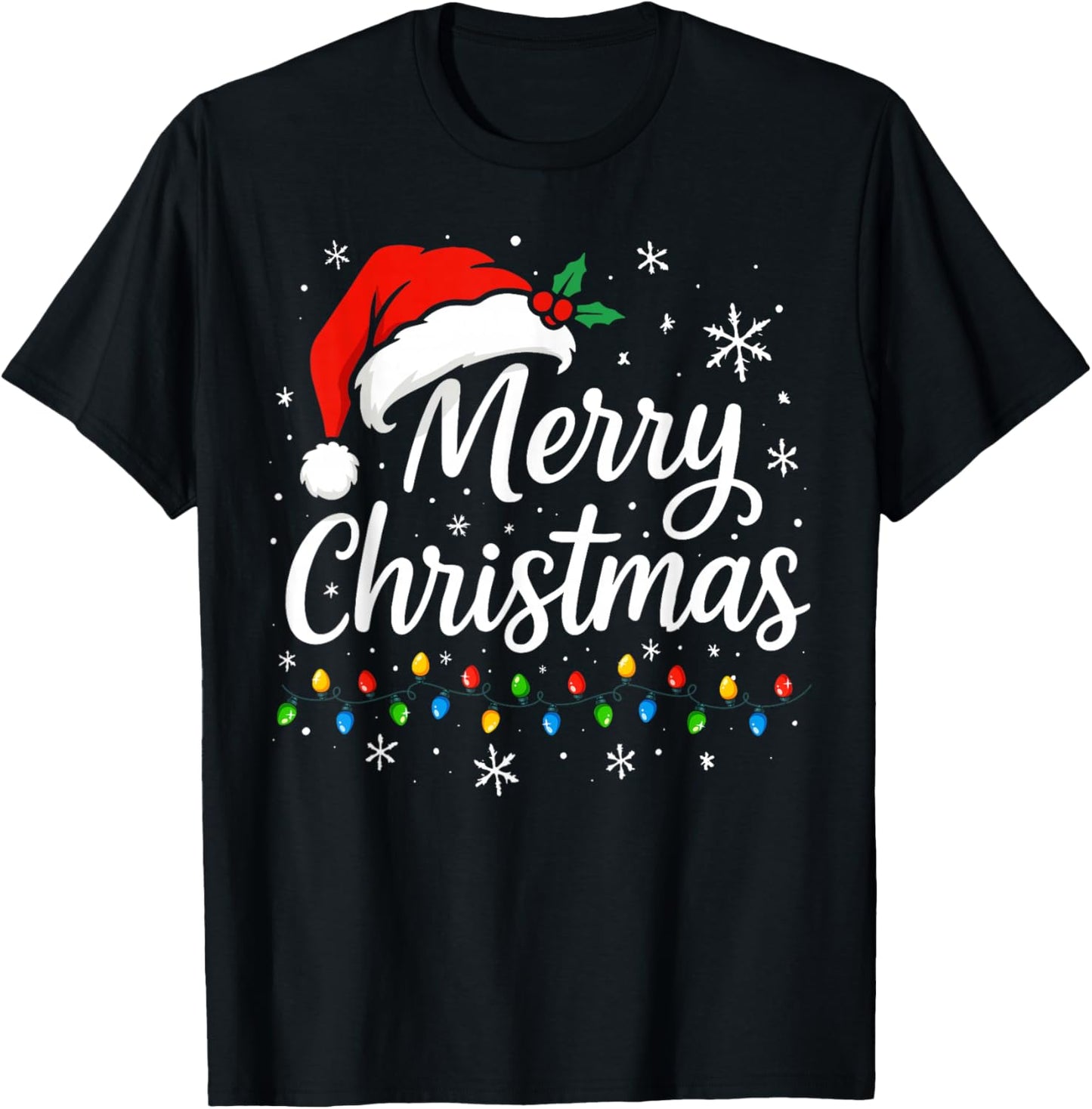 Merry Christmas Lights Red Santa Hat Xmas Family Matching T-Shirt - T-Shirt | Black