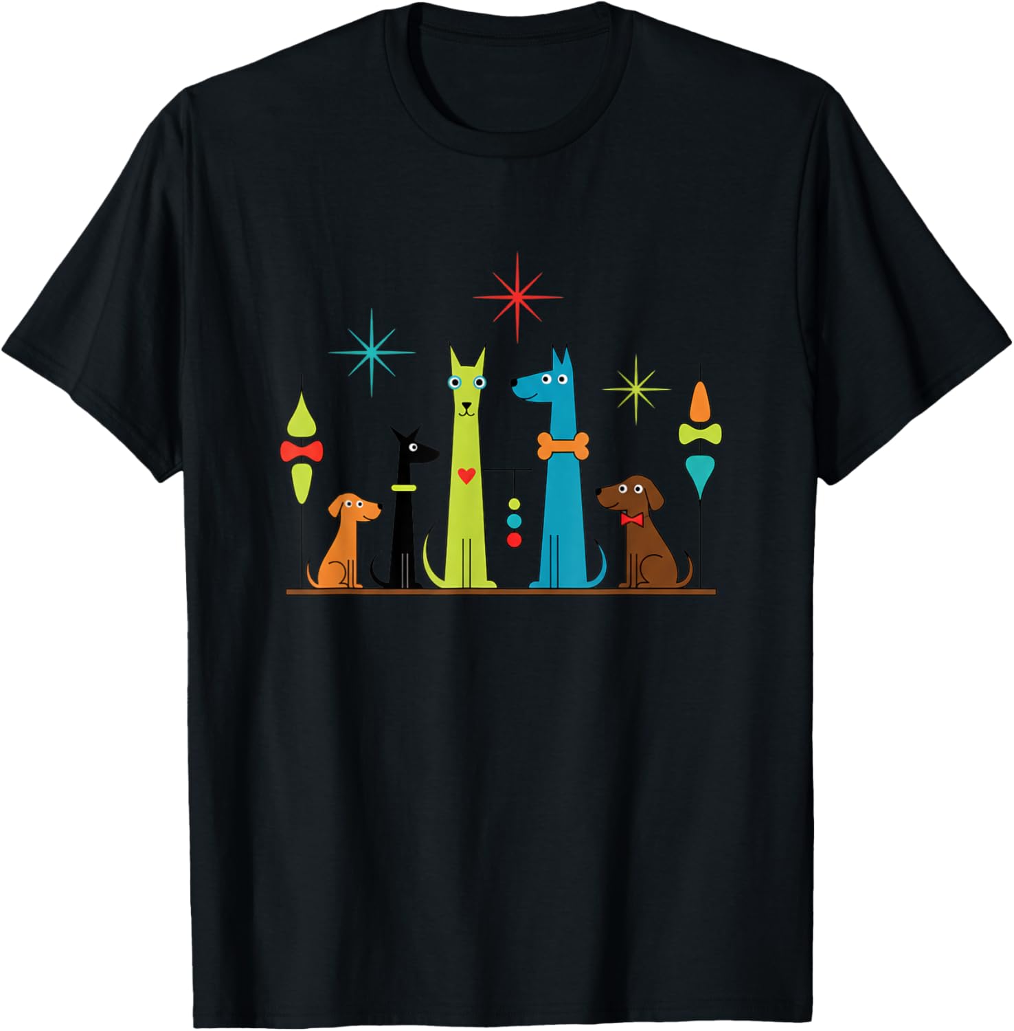 Dog Retro Mid-Century Colorful Dogs, Playful Dog Lover Art T-Shirt - T-Shirt | Black