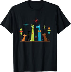 Dog Retro Mid-Century Colorful Dogs, Playful Dog Lover Art T-Shirt - T-Shirt | Black