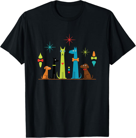 Dog Retro Mid-Century Colorful Dogs, Playful Dog Lover Art T-Shirt - T-Shirt | Black