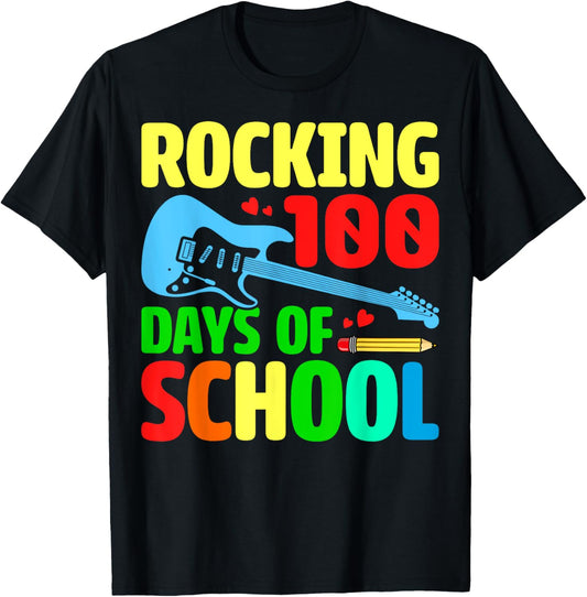 Rocking 100 Days of School Music Lover Students Teacher T-Shirt - T-Shirt | Black