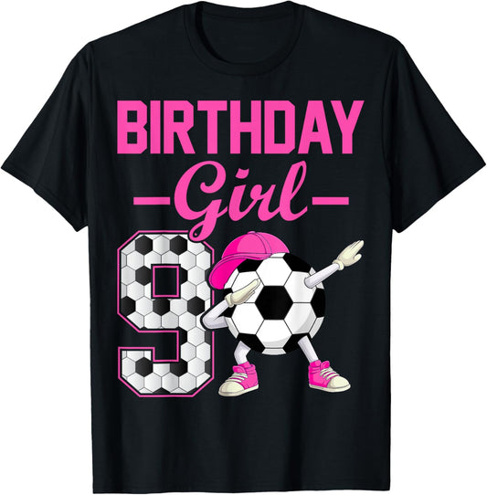 Birthday Girl 9 Years Old Dabbing Soccer 9th Birthday Party T-Shirt - T-Shirt | Black