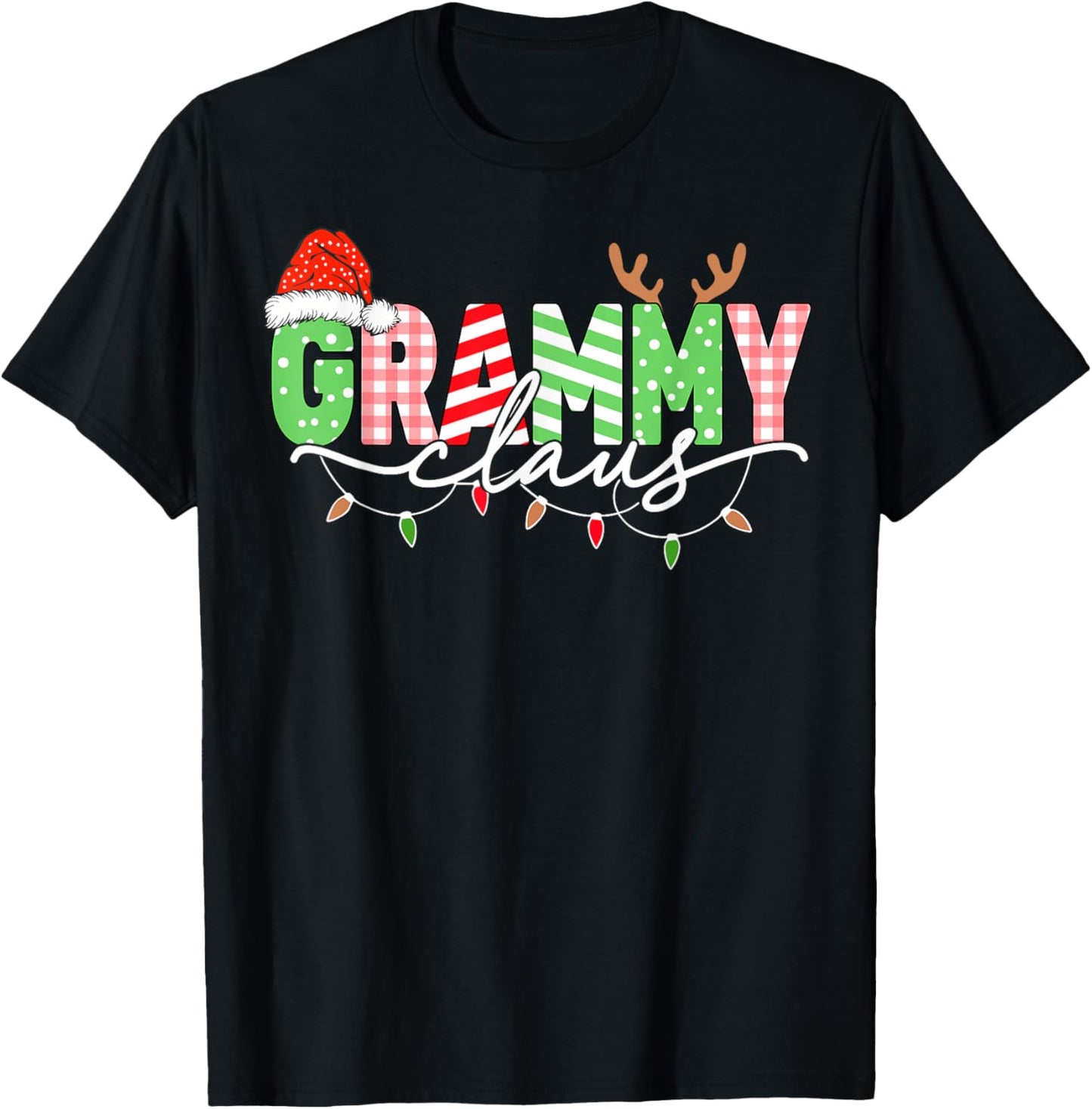 Grammy Claus Christmas Lights Santa Hat Family Matching T-Shirt - T-Shirt | Black