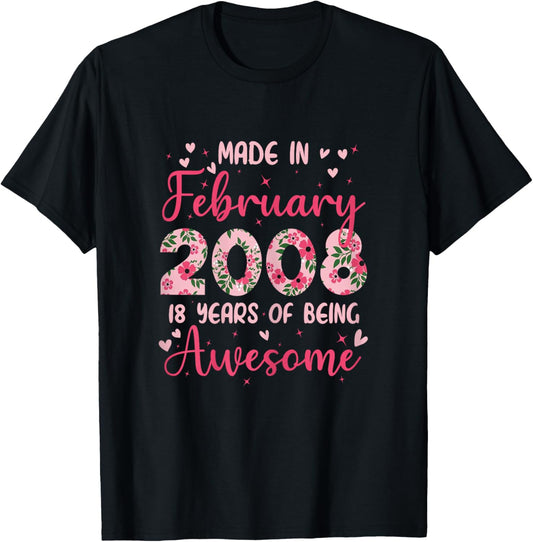 February 2008 Cool Birthday Gift 18 Years for Girls T-Shirt - T-Shirt | Black