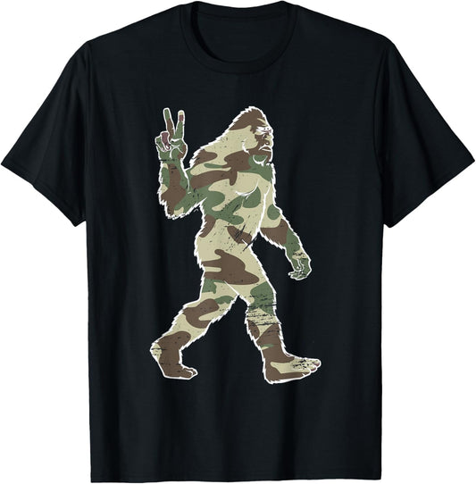 Vintage Bigfoot Sasquatch American Flag Camo Outdoors Hiking T-Shirt - T-Shirt | Black