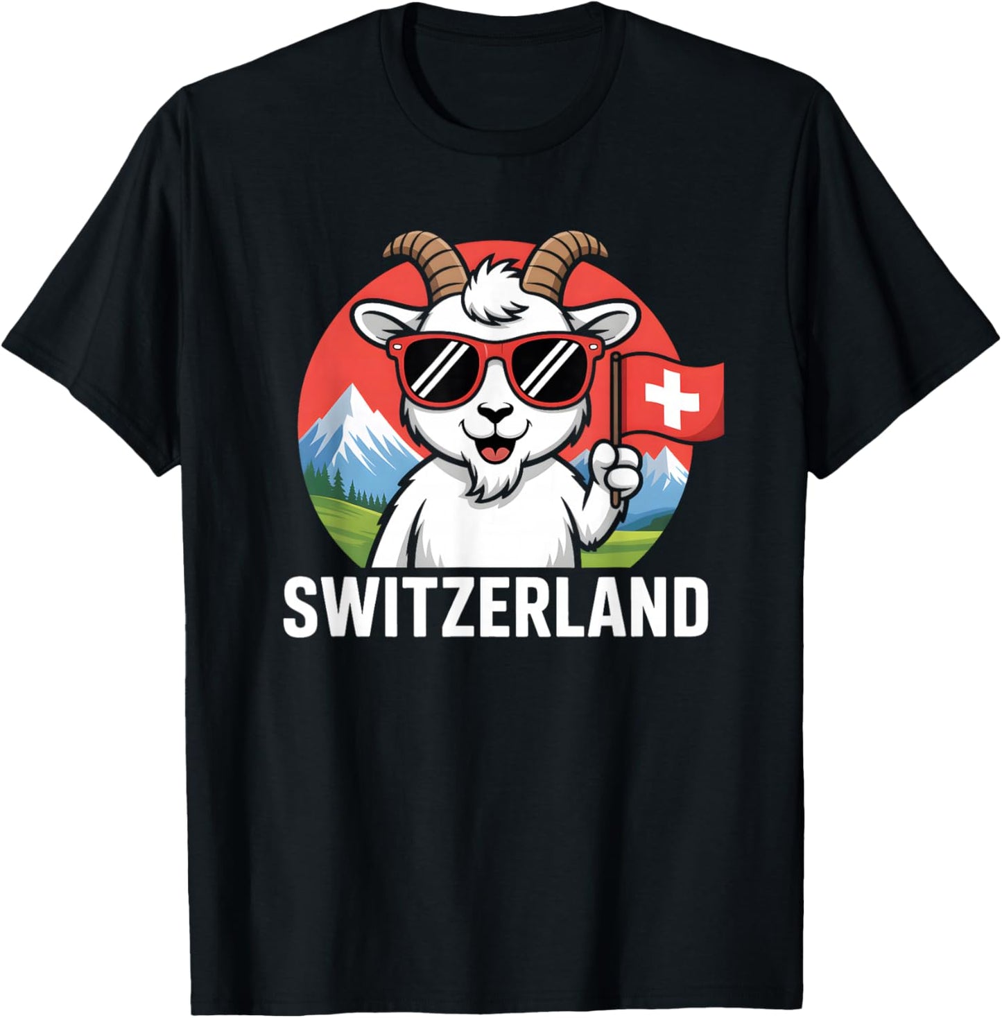 Switzerland Mountain Goat Design Funny Swiss Flag Graphic T-Shirt - T-Shirt | Black