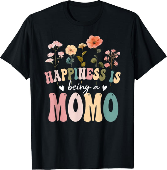 Happiness is Being a Momo Floral Design Momo Mother's Day T-Shirt - T-Shirt | Black