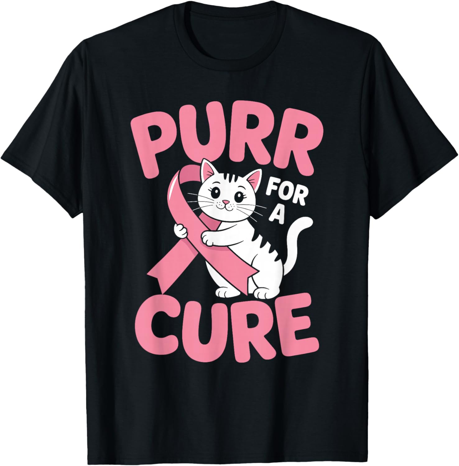 Purr for A Cure Cat Pink Ribbon Breast Cancer Awareness T-Shirt - T-Shirt | Black