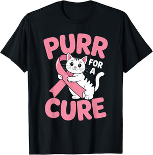 Purr for A Cure Cat Pink Ribbon Breast Cancer Awareness T-Shirt - T-Shirt | Black