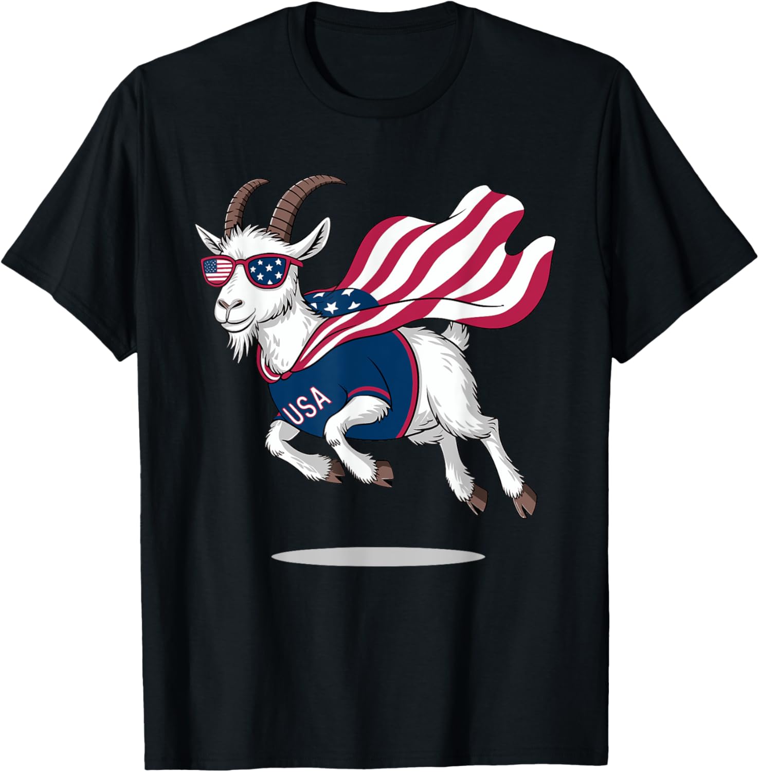 Cool Patriotic Goat in American Flag Cape with Sunglasses T-Shirt - T-Shirt | Black