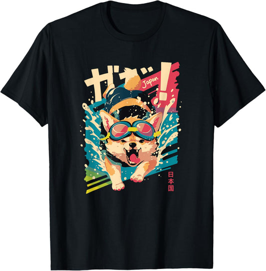 Japan Snarling Shiba Inu Anime Swimming Art - Cute Japanese T-Shirt - T-Shirt | Black
