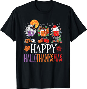 Happy Hallothanksmas Halloween Thanksgiving Christmas Wine T-Shirt - T-Shirt | Black