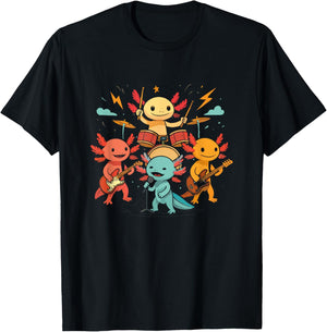 Cute Axolotl Rock Band Playing Drums Guitar Singing Graphic T-Shirt - T-Shirt | Black