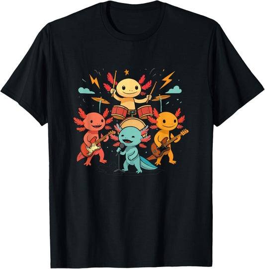 Cute Axolotl Rock Band Playing Drums Guitar Singing Graphic T-Shirt - T-Shirt | Black