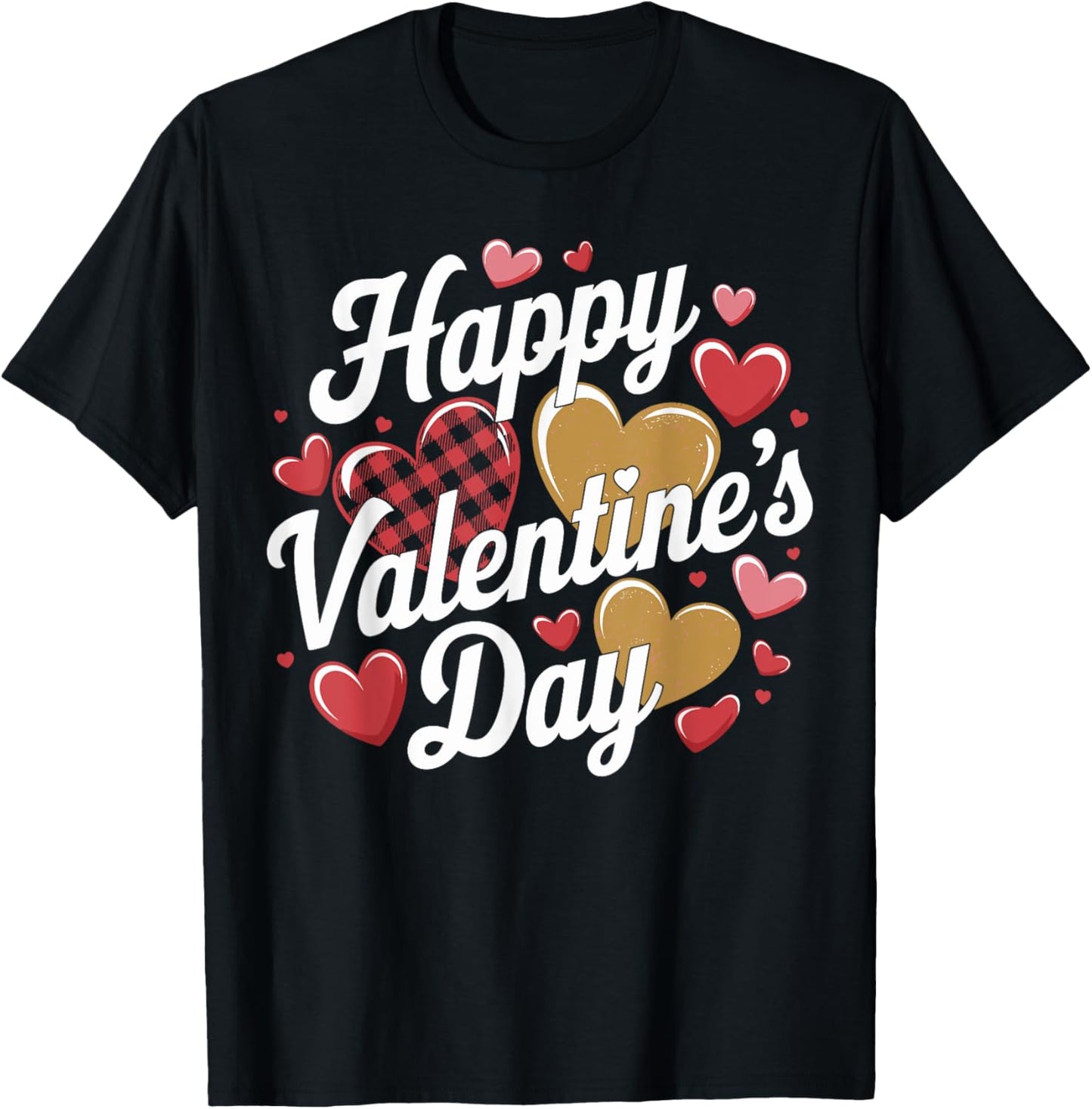 Happy Valentines Day Leopard Plaid Hearts Love Boys Girls T-Shirt - T-Shirt | Black