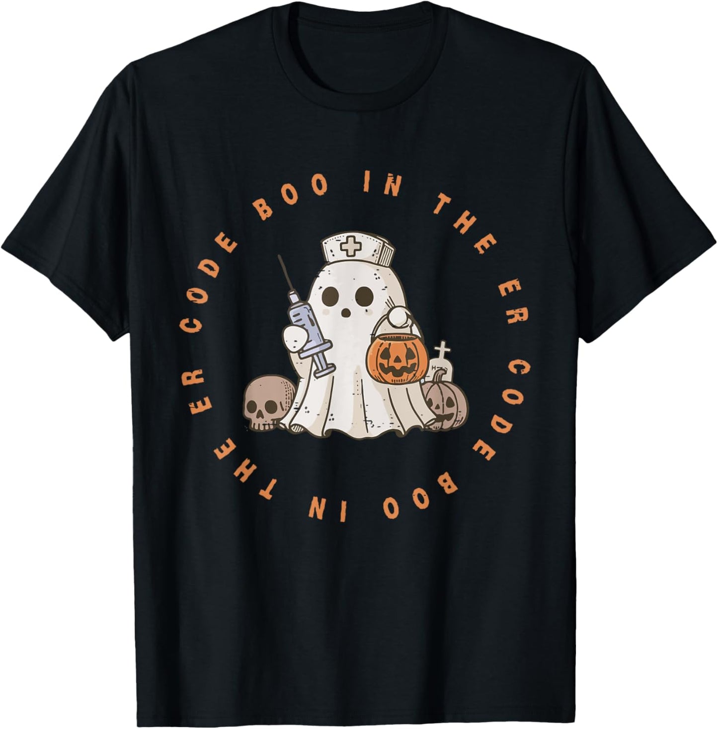 Code Boo In The ER Nurse Halloween Cute Ghost Spooky Season T-Shirt - T-Shirt | Black