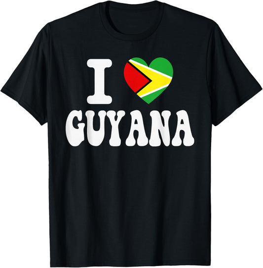 I Love Guyana Heart Flag Retro Travel Souvenir T-Shirt - T-Shirt | Black