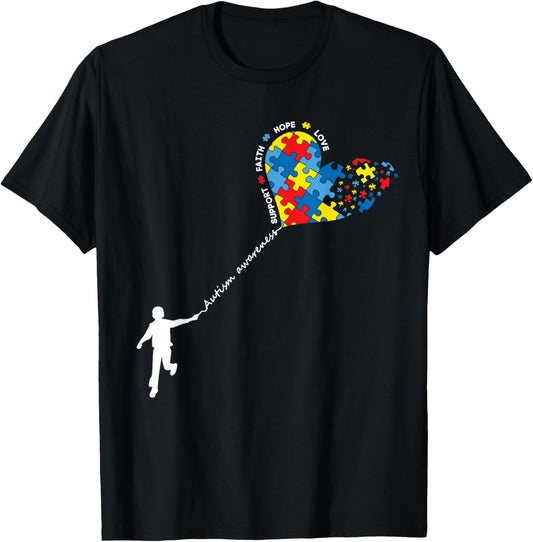 Autism Awareness Puzzle Heart Balloon Love Hope Support T-Shirt - T-Shirt | Black