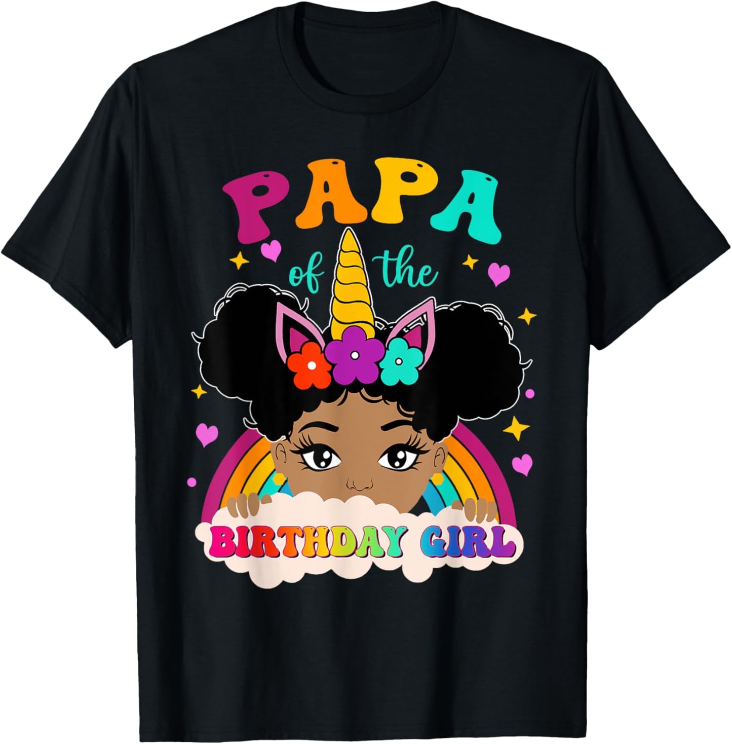 Papa of The Birthday Girl Rainbow Afro Melanin Unicorn T-Shirt - T-Shirt | Black