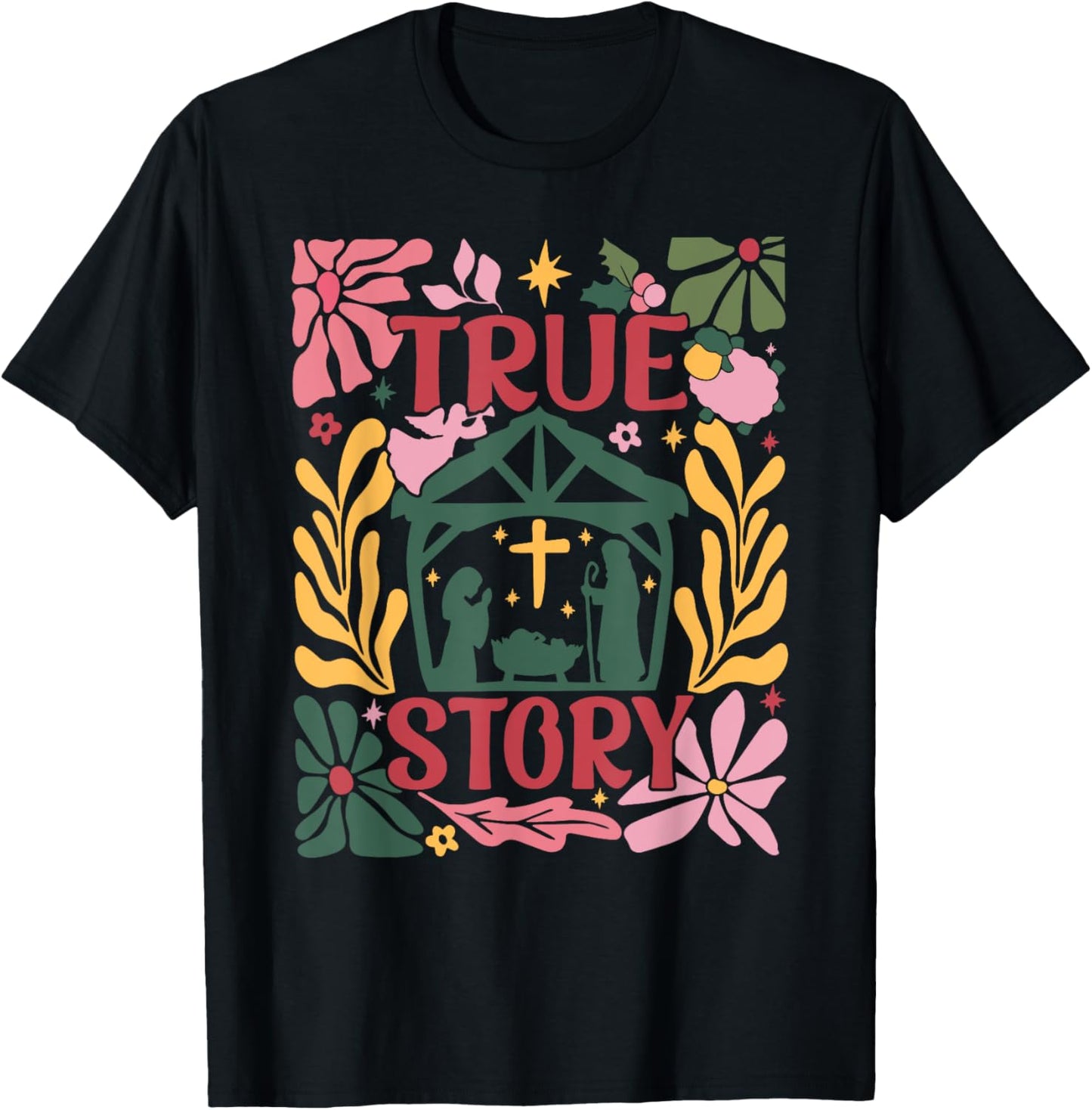 True Story Jesus Christmas Nativity Scene Boho Flower T-Shirt - T-Shirt | Black