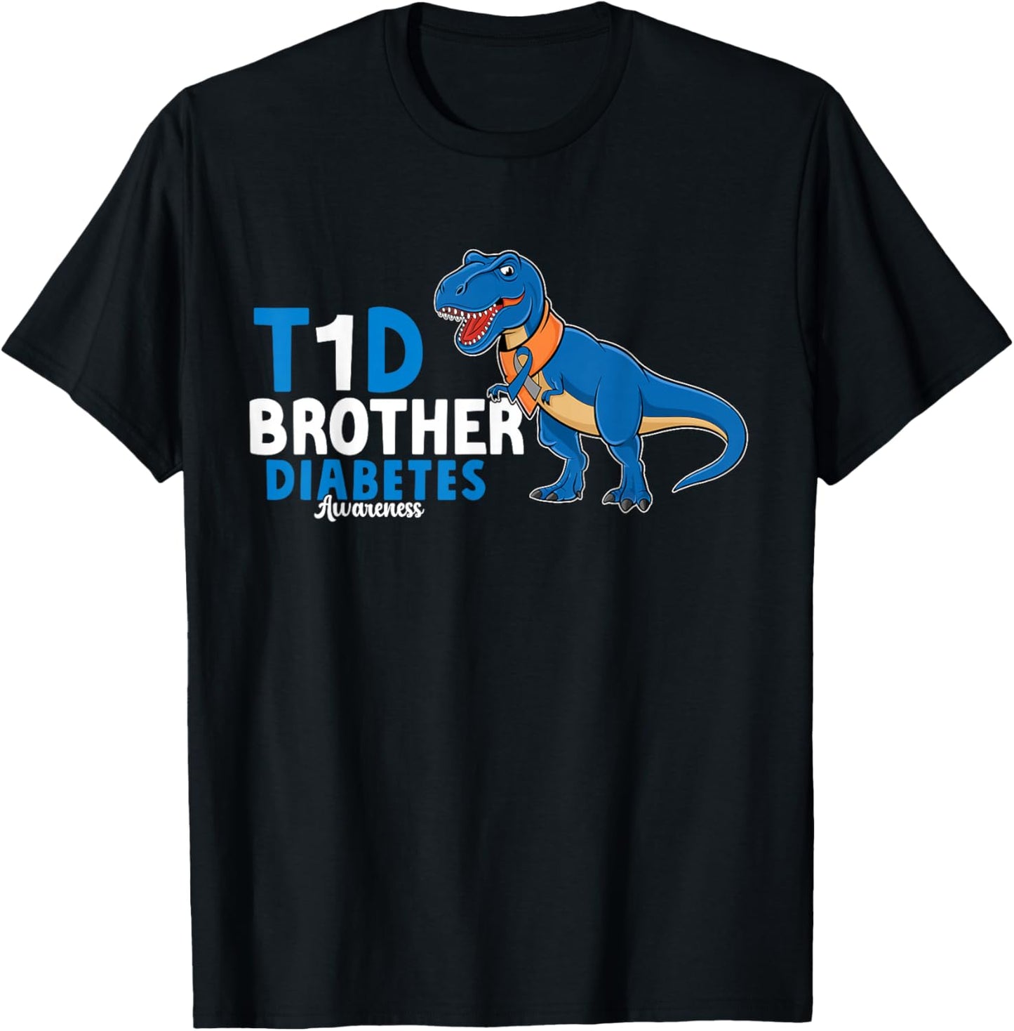 T1D Brother Type 1 Diabetes Awareness Month Dinosaur T-Shirt - T-Shirt | Black
